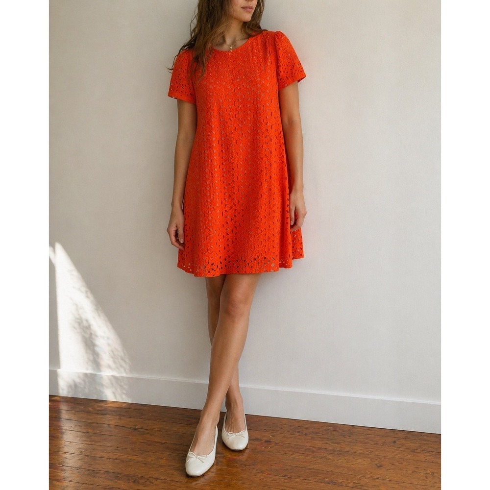 Never A Wallflower Orange Eyelet Shift Dress Puff Sleeve XS Cottagecore